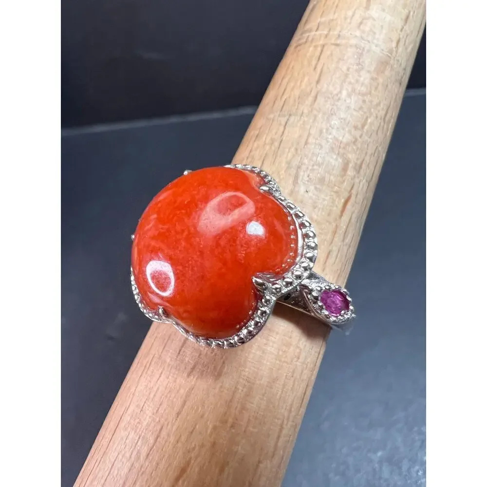 NEW cherry red jade and ruby blossom ring in rhodium over sterling silver size 6